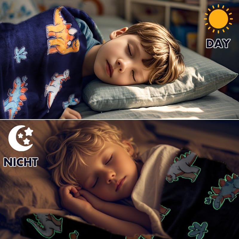 Glow in The Dark Dinosaur Blanket, Dinosaur Gifts Toys for Boys Kids, Best Christmas Birthday Valentine's Day Easter Presents for Kids Age 1-12 Year Old, Child Toddler Teen Soft Cozy Throw 50