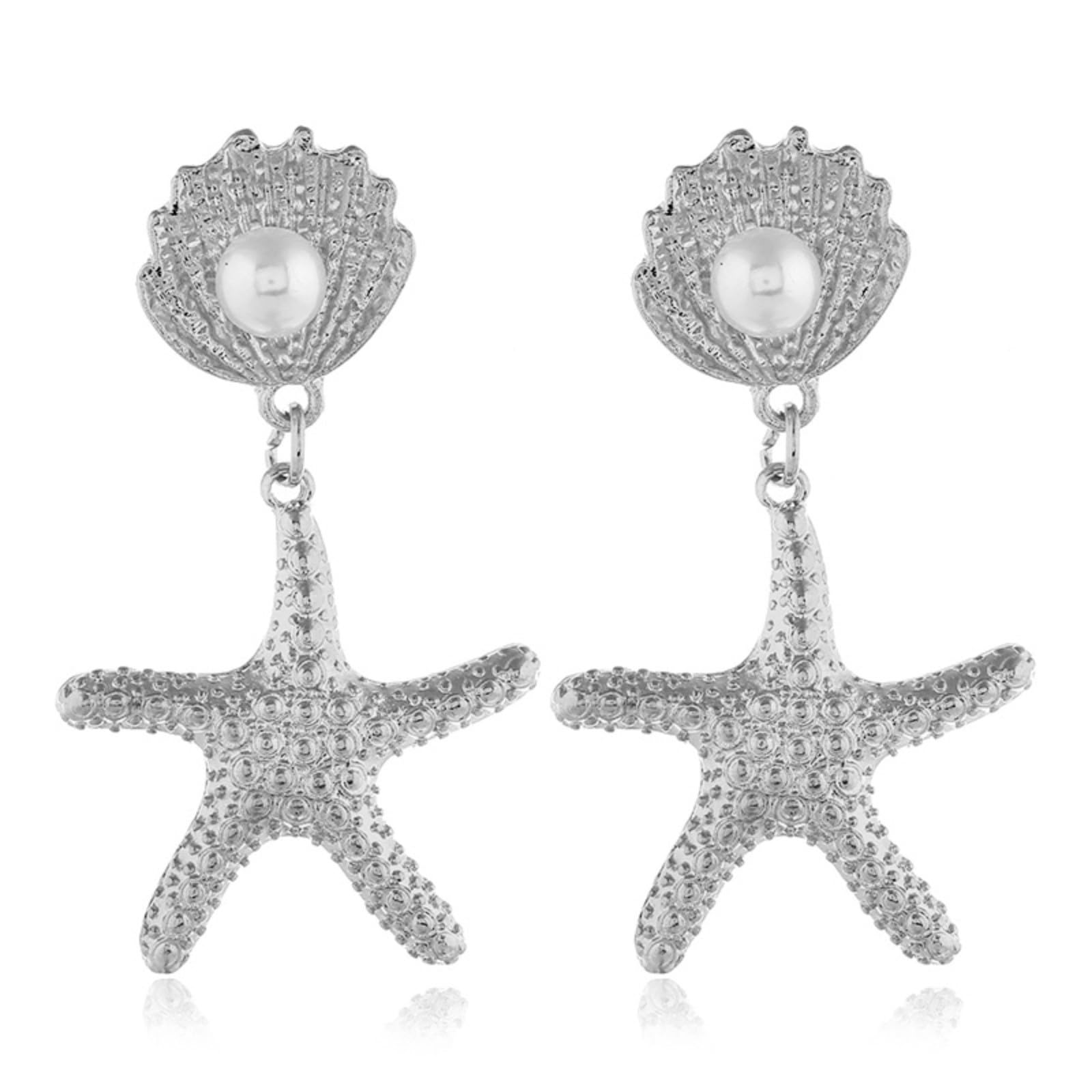 Boho Shell Starfish Stud Earrings for Women,Statement Beach Star Pearl Dangle Drop Earrings Mermaid Costume Jewelry Gifts
