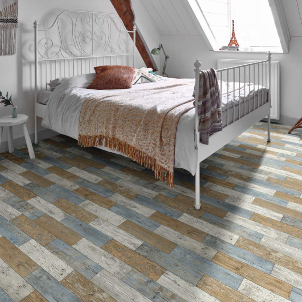 Buy Blue & White Reclaimed Sky Painted Wood Effect Cushioned Vinyl