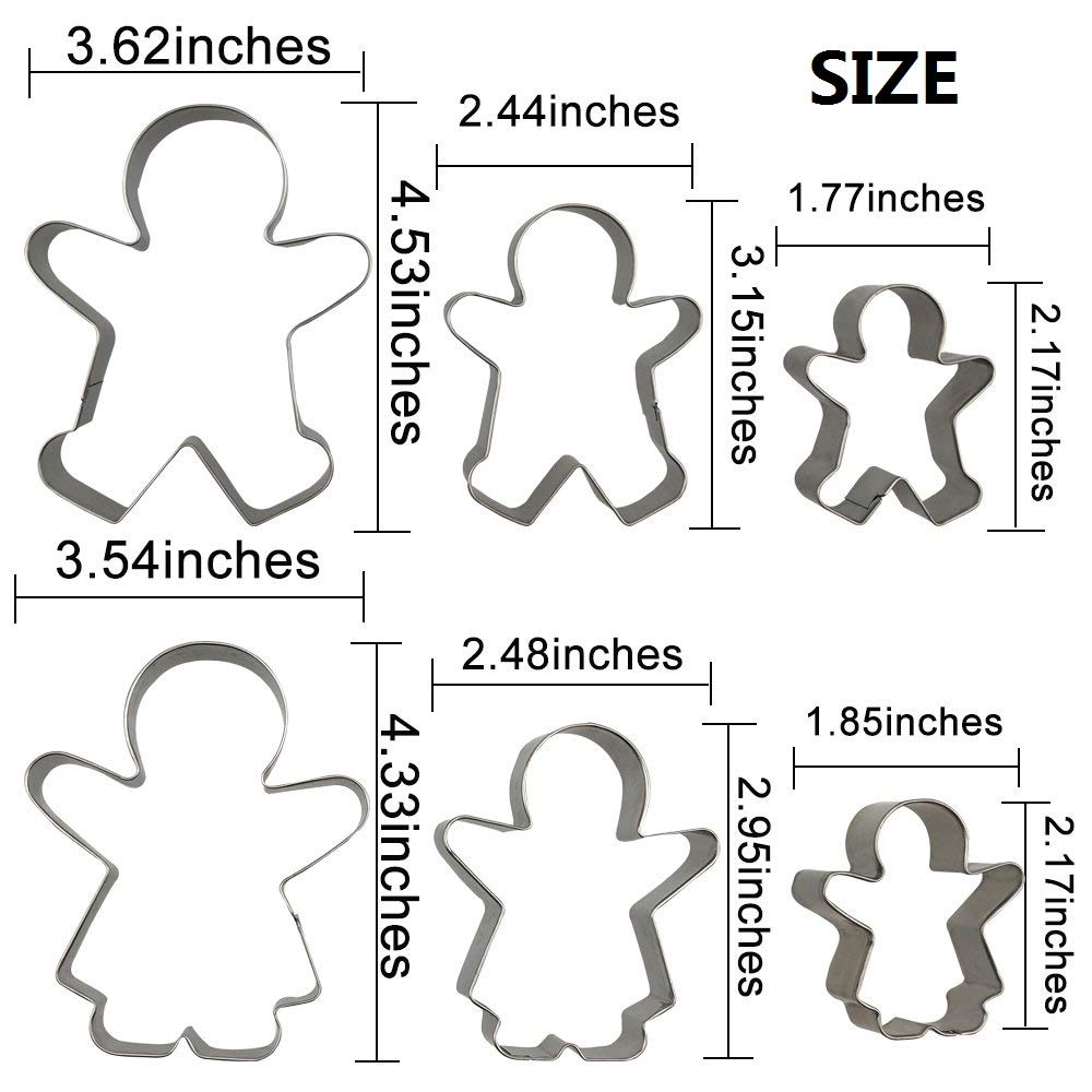 Juego de 6 cortadores de galletas con forma de hombre de jengibre y mujer de jengibre, de acero inoxidable, para niños y niñas, moldes para hornear