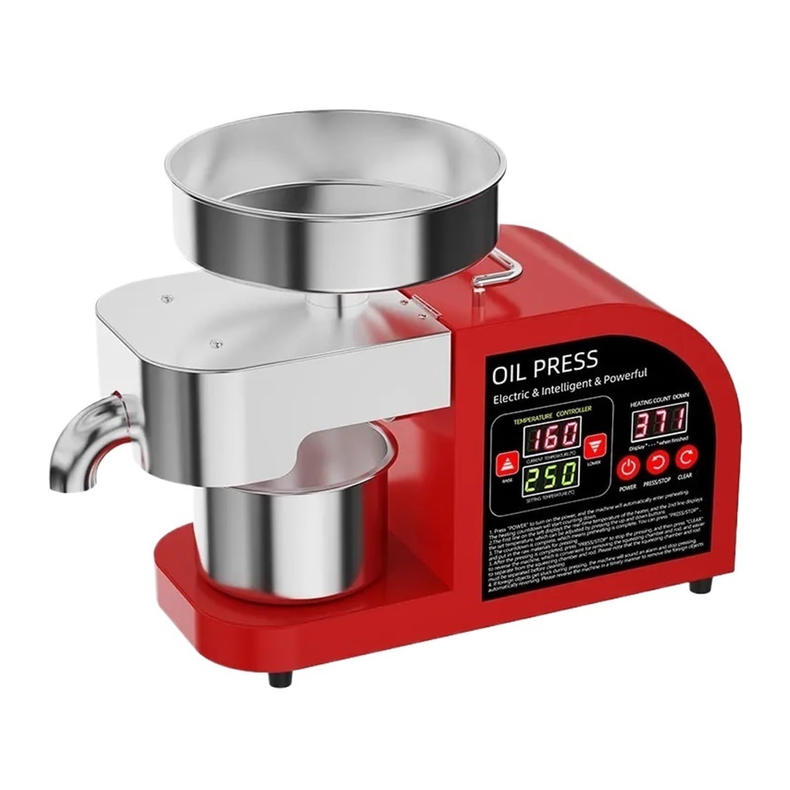 HCZKIUJY Smart Oil Press High Power Heater Stainless Steel Chamber For Peanut Rapeseed Sesame Olive Kernels Coconut Intelligent Temperature Control (Red)