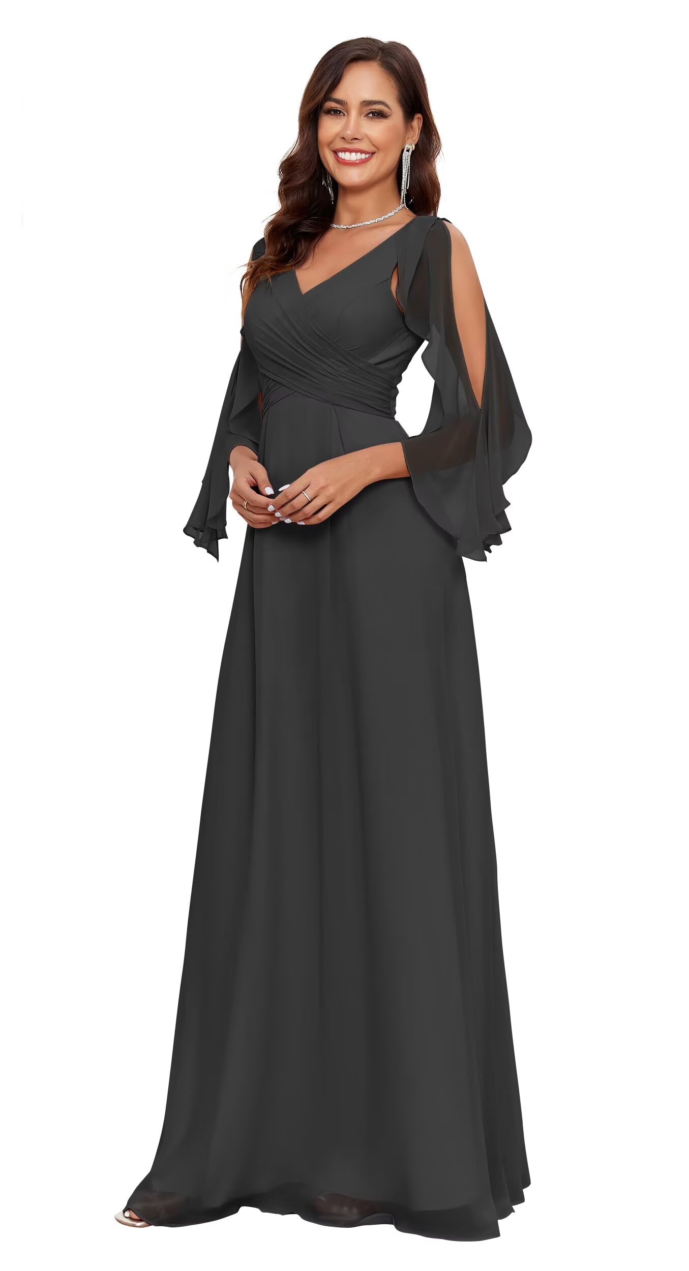 Cold Shoulder Chiffon Bridesmaid Dresses for Women 2024 V Neck Long A Line Pleated Formal Evening Gown