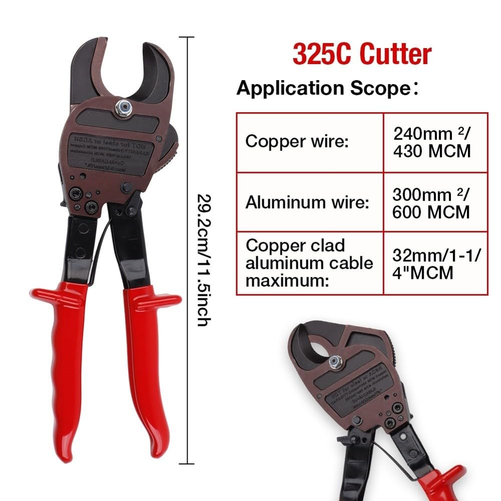 Ratschen-Kabelschere 325C aus 60Si2Mn Legierungsstahl für Kupfer bis 240mm² und Aluminium bis 600 kcmil mit ergonomischem Griff und Schnelllösetaste, Rot