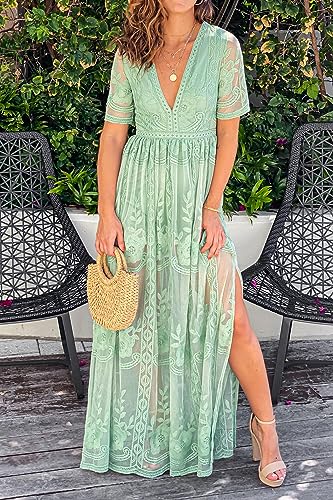 Image of LRISES Womens Lavender V Neck Embroidered Floral Lace Wedding Dress Short Sleeve Slit Bridesmaid Cocktail Party Maxi Dress