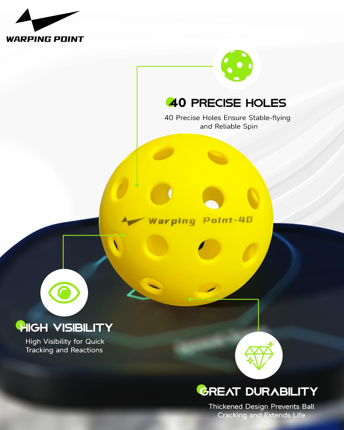 Warping Point Outdoor Pickleball Ball | 40 otworów | 4 sztuki, 12 sztuk | Spełnia specyfikacje USAPA | Trwała piłka treningowa o wysokim odbiciu z torbą siatkową dla początkujących średnio
