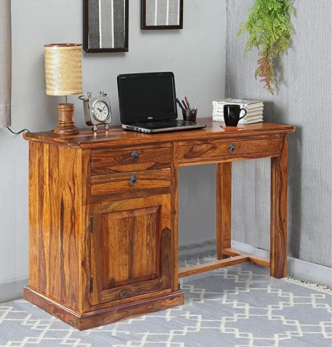 Image of Solid Sheesham Wood Computer Study Desk Table |Home and Office Computer Table with Three Drawer & Single Door Natural Honey Polished (114D x 50W x 75H) CM