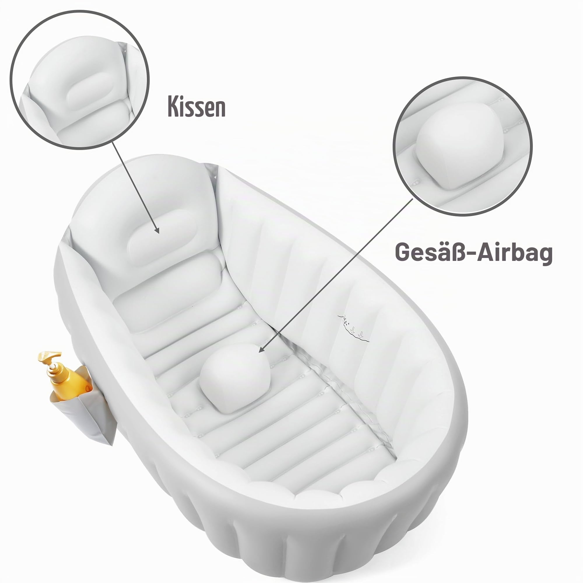 PandaEar Baby Badewanne aufblasbar (98x64x28cm) - Faltbare Reisebadewanne für Babys 0-36 Monate, Rutschfest & Ergonomisch, inkl. Fußpumpe & Seitentasche, BPA-frei, Modernes Grau