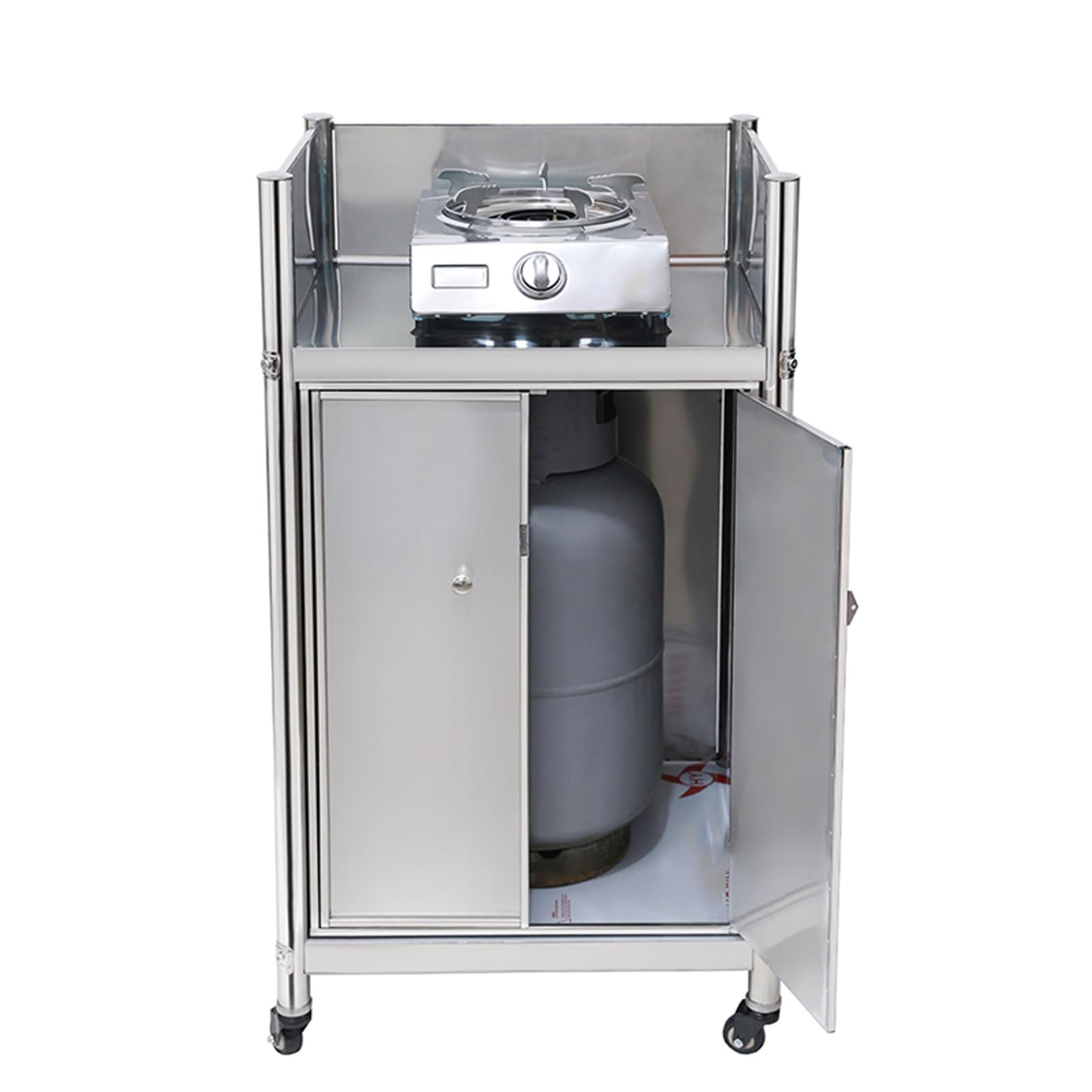 Banco de trabajo móvil de acero inoxidable con almacenamiento con cerradura, cobertura de 3 lados, isla de cocina versátil con ruedas, diseño resistente para uso doméstico y profesional