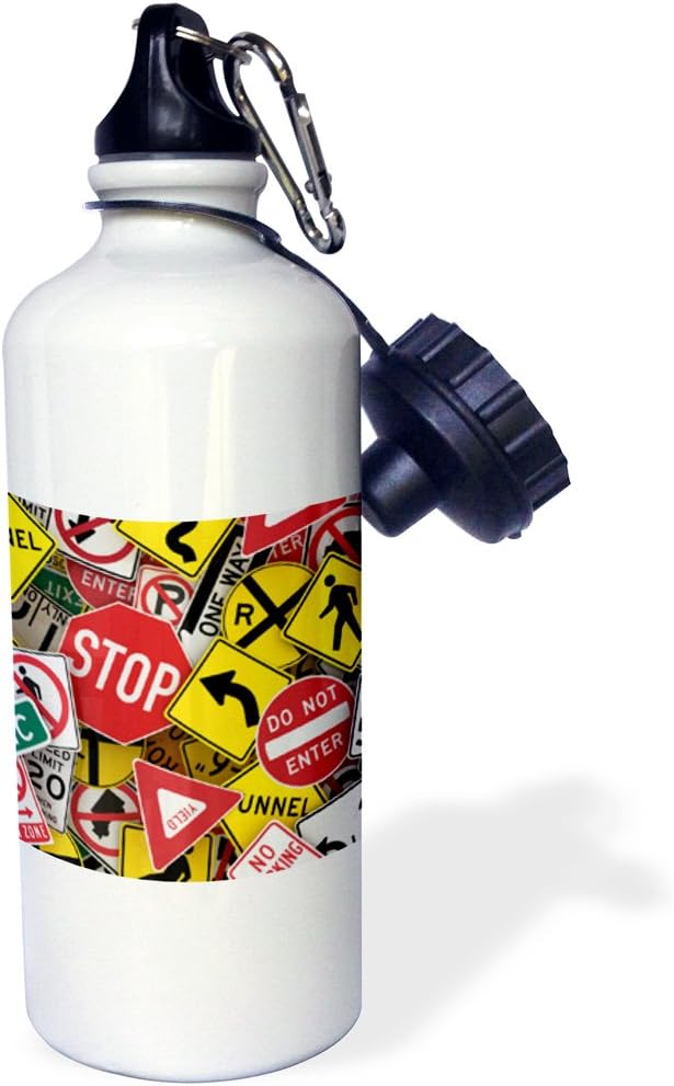 3dRose "American road sign signs collage street stop yield usa" Sports Water Bottle, 21 oz, White