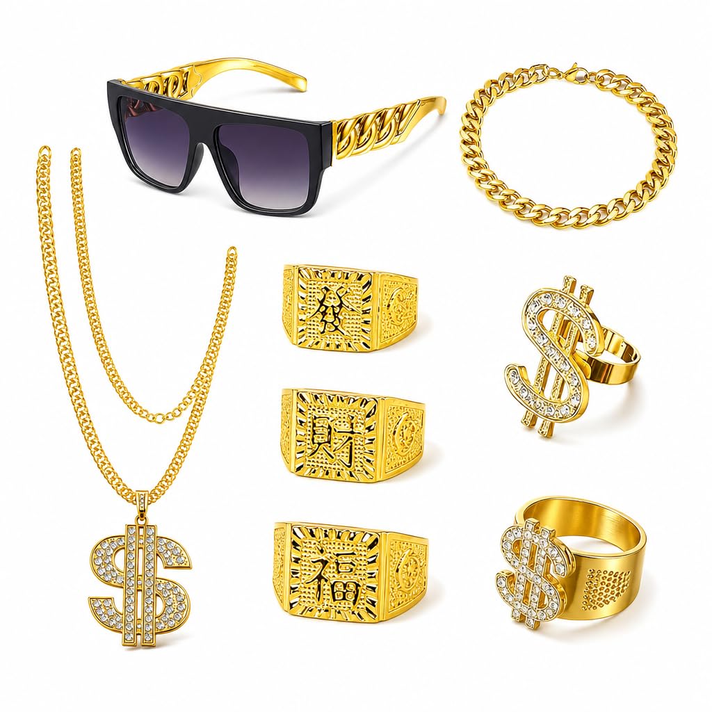 8 PCS Fake Gold Chain Set, Hip Hop Party Decorations, 90s Fancy Dress Men