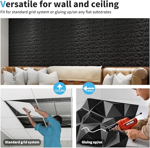 Miniatura 7 de Art3d Paneles decorativos de pared 3D con diseño de diamante, 12 x 12 pulgadas, negro mate para decoración del hogar y la oficina (paquete de 33)
