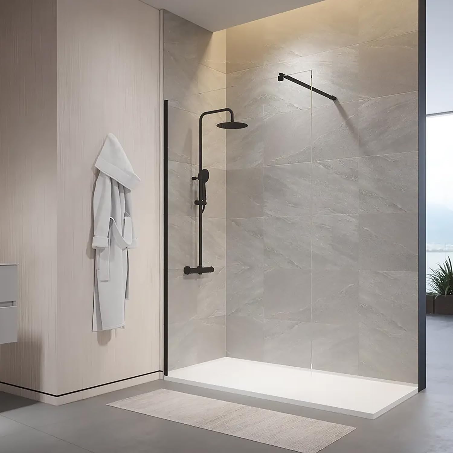 Box Doccia Walk-In 110 cm Altezza 200cm Parete Fissa Vetro Temperato Trasparente da 10mm con Trattamento Anticalcare Braccio Telescopico SUS304 Profili Alluminio Nero Opaco