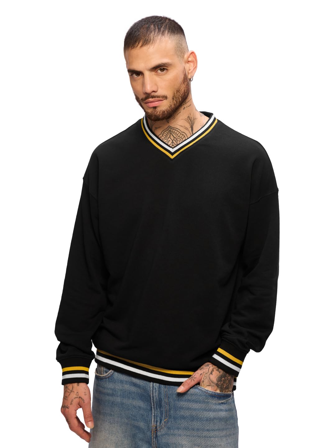 the souled store Tawny Men and Boys Long Sleeves V Neck Black Solid Cotton Blend Oversized Sweatshirts-picture-10
