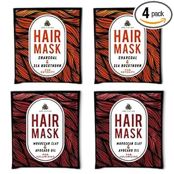 Arotatvika Natural Hair Mask, 2 Pack of Charcoal and Sea Buckthorn, 2 Pack of Morrocan Clay and Avocado Oil | Made with Shea Butter & Pure Essential Oils | Paraben and Sulphate free (25 ml Each)
