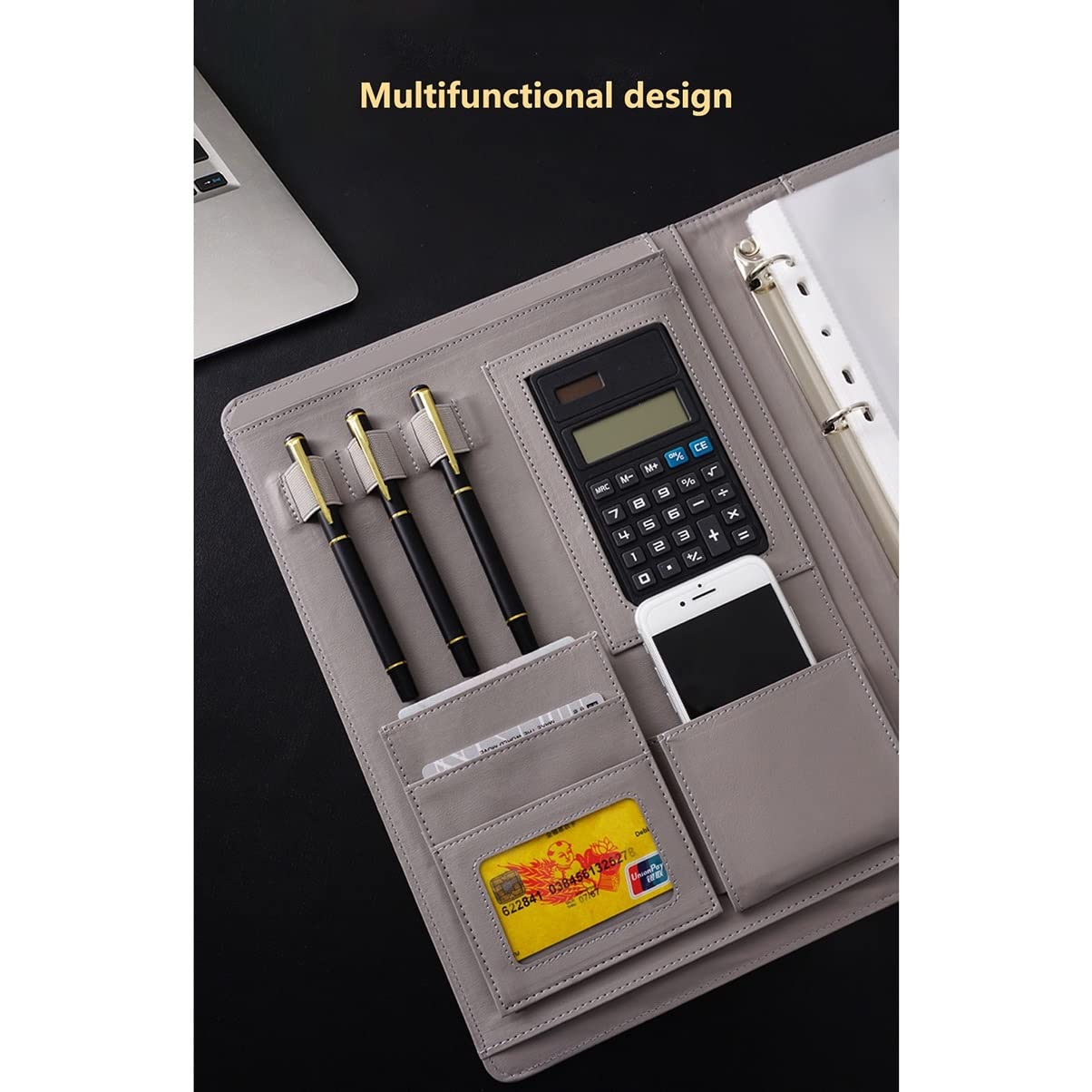 Teczka konferencyjna Organizer na dokumenty， Teczka A4 z schowkiem i miejscem do przechowywania, teczka konferencyjna A4 z segregatorem 4-ringowym(Dark Grey,8digit calculator)