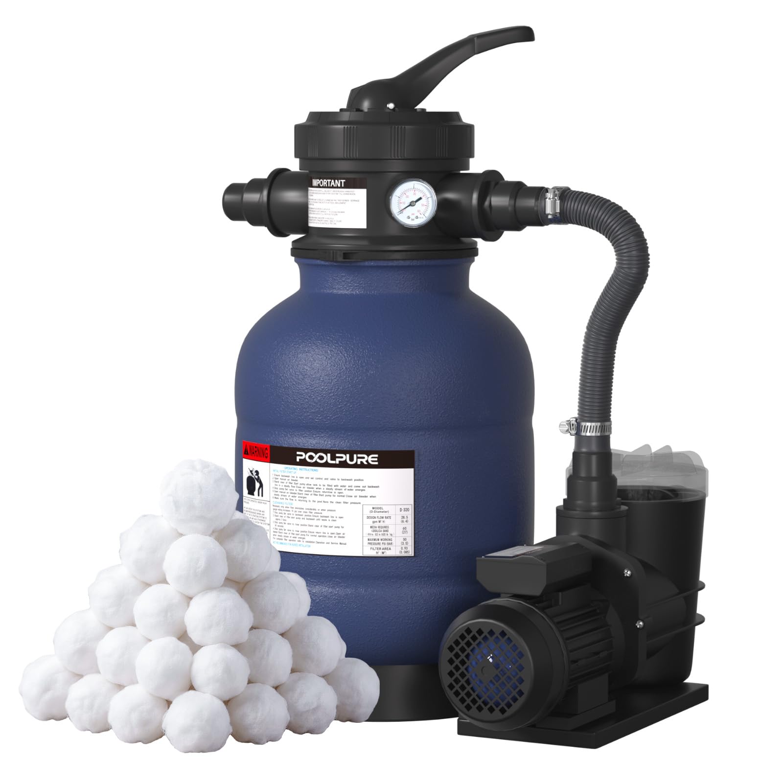 POOLPURE Système de Filtre à Sable 6,4 m³/h | Filtre à Sable et Particules 400W pour Piscine Hors Sol | Pompe Piscine avec Vanne 7 Voies, Manomètre et 700g Balles | Ø 32/38mm