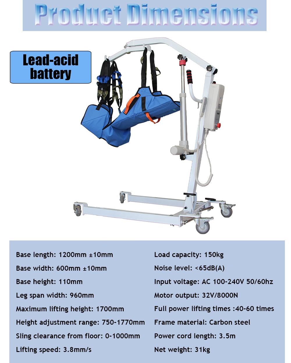 Grúa de Traslado Eléctrica Profesional para Pacientes y Ancianos, Sistema de Elevación de Acero al Carbono, Carga 150kg, Incluye Arnés para WC y Parada de Emergencia, Ideal para Cuidado en Cas