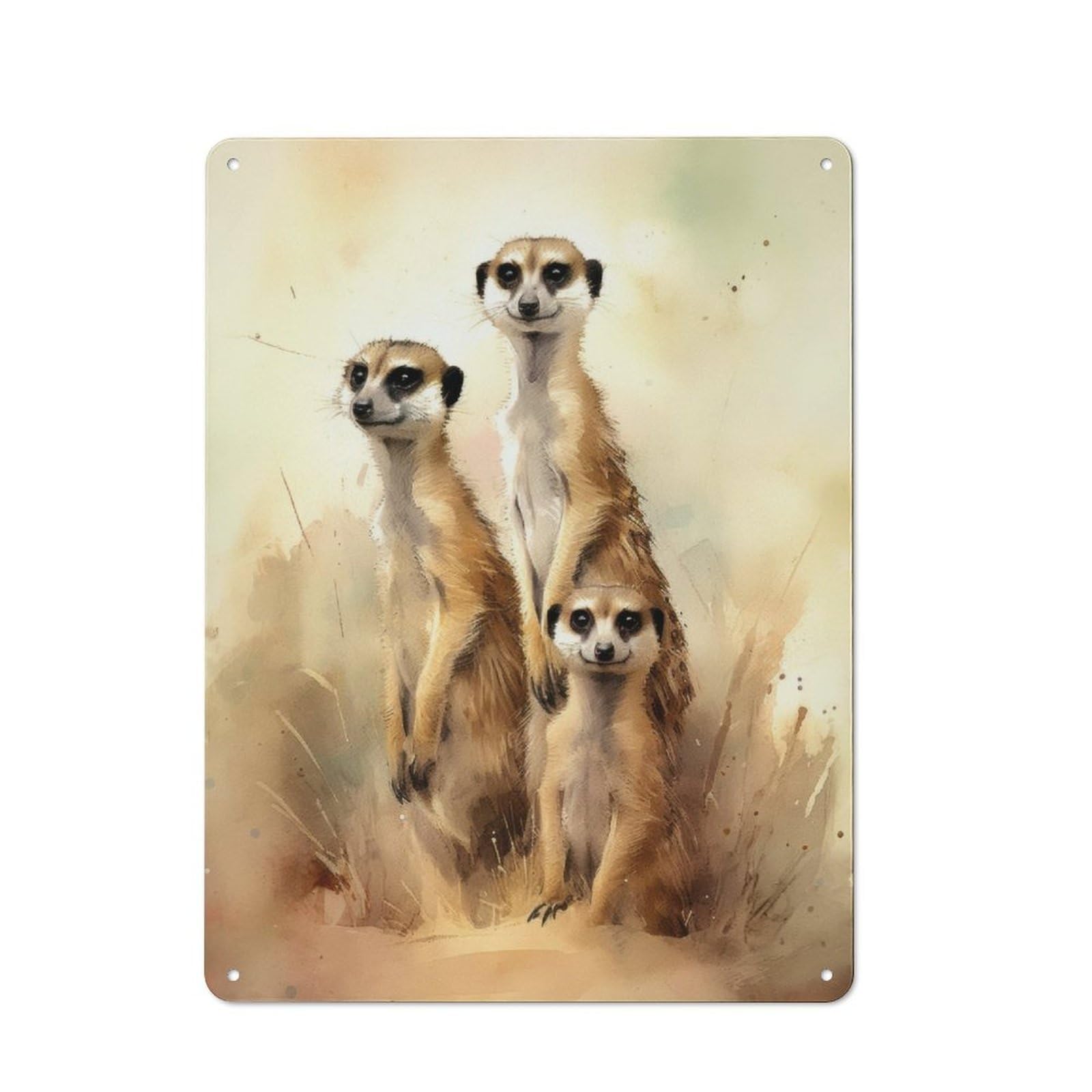 Metal Wall Sign 40x30cm Featuring Three Meerkat Watercolor for Café Or Restaurant, for An Autumn Wall Display in Café And Restaurant
