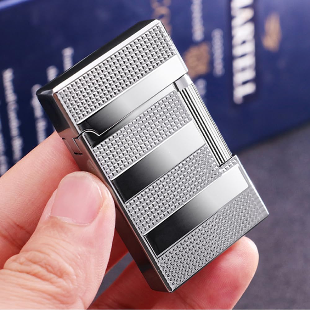 Briquet à silex au butane (sans butane) en métal de luxe, motif texturé, finition chromée argentée