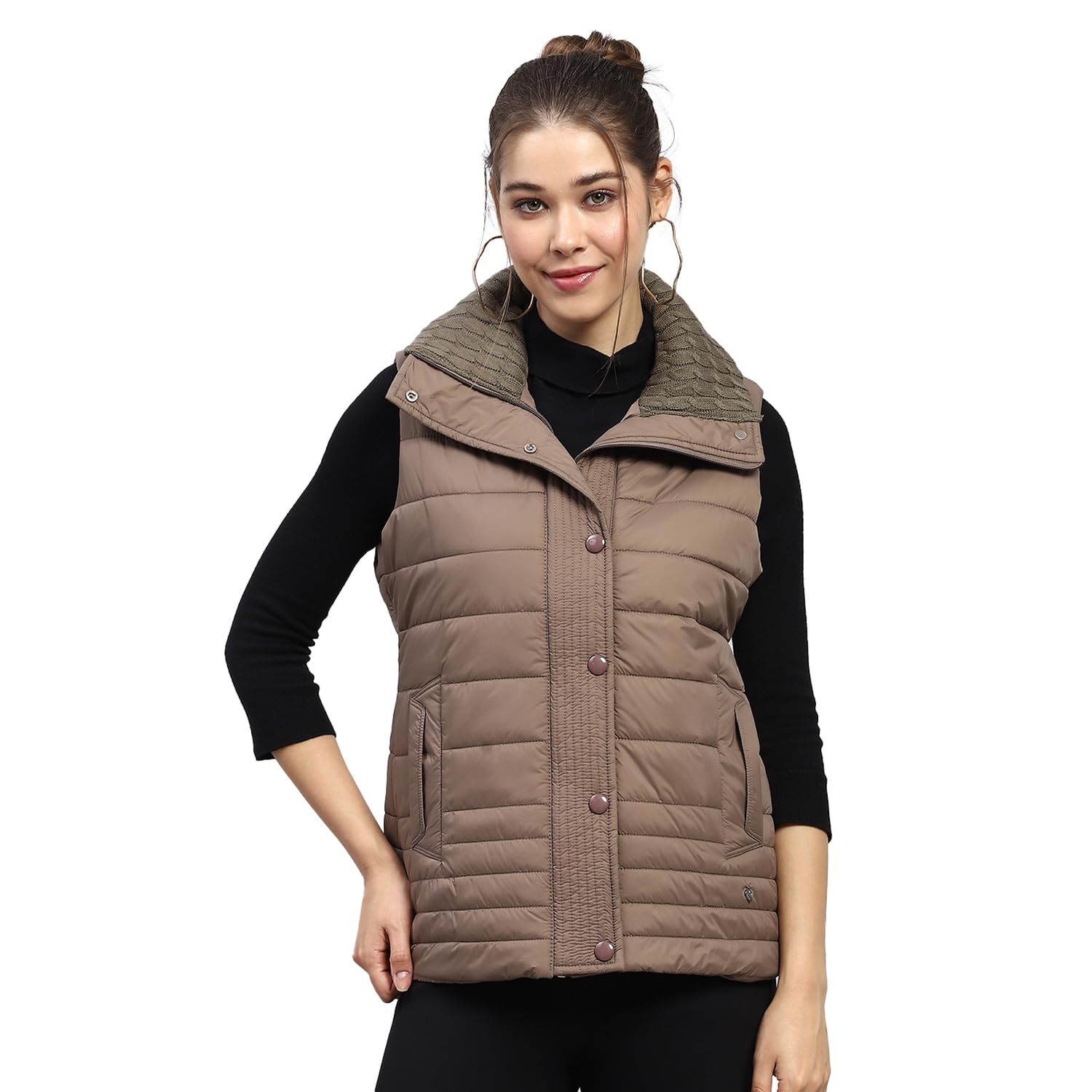 monte carlo Womens Solid Brown Collar Sleeveless Jacket-picture-15