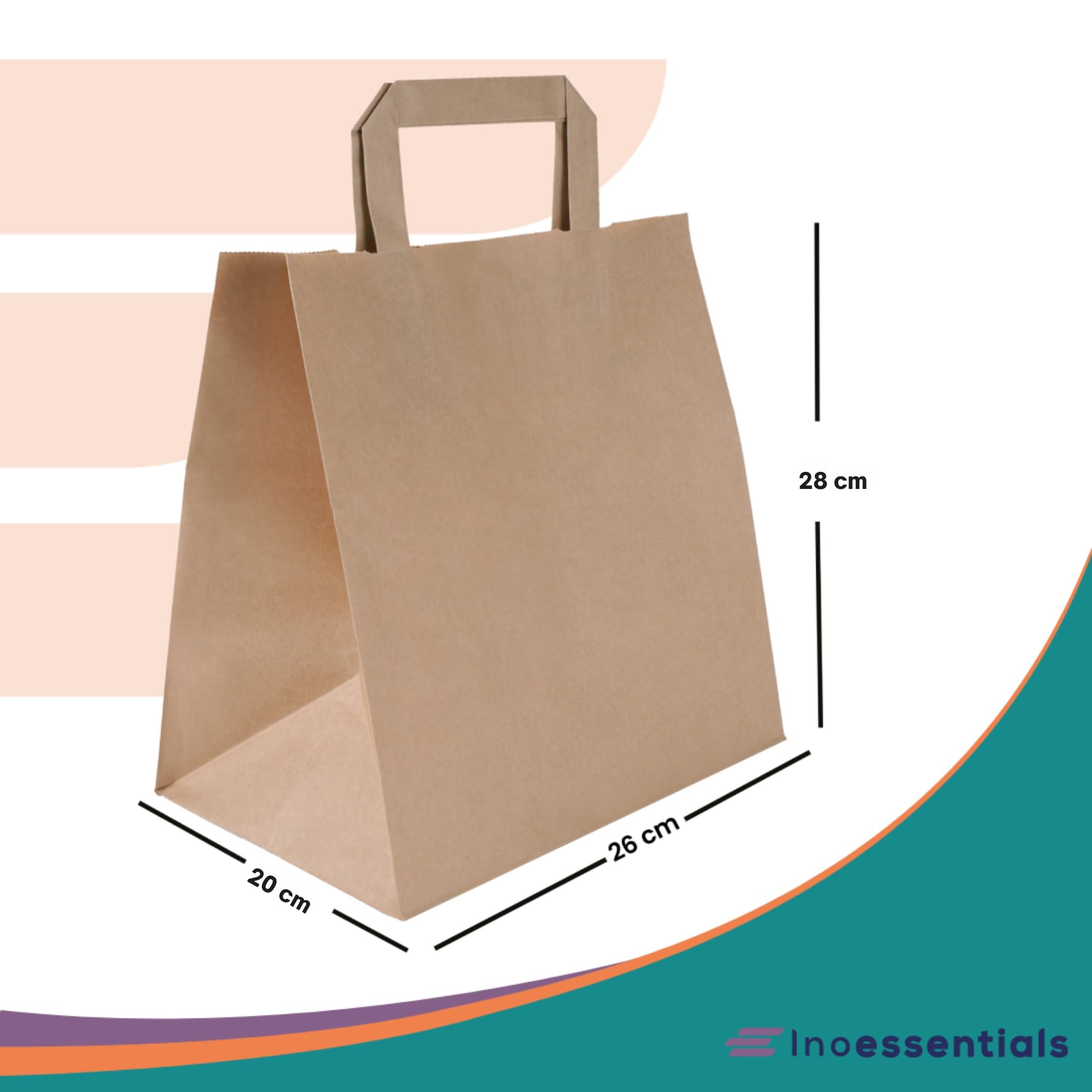 Inoverse Torebki papierowe z uchwytem 26 + 20 x 28 cm, papierowe torebki 250 sztuk | Torebki papierowe, papier typu kraft, brązowy, torebki na prezenty, duży kształt, do nadruku, do butiku i pakowania prezentów