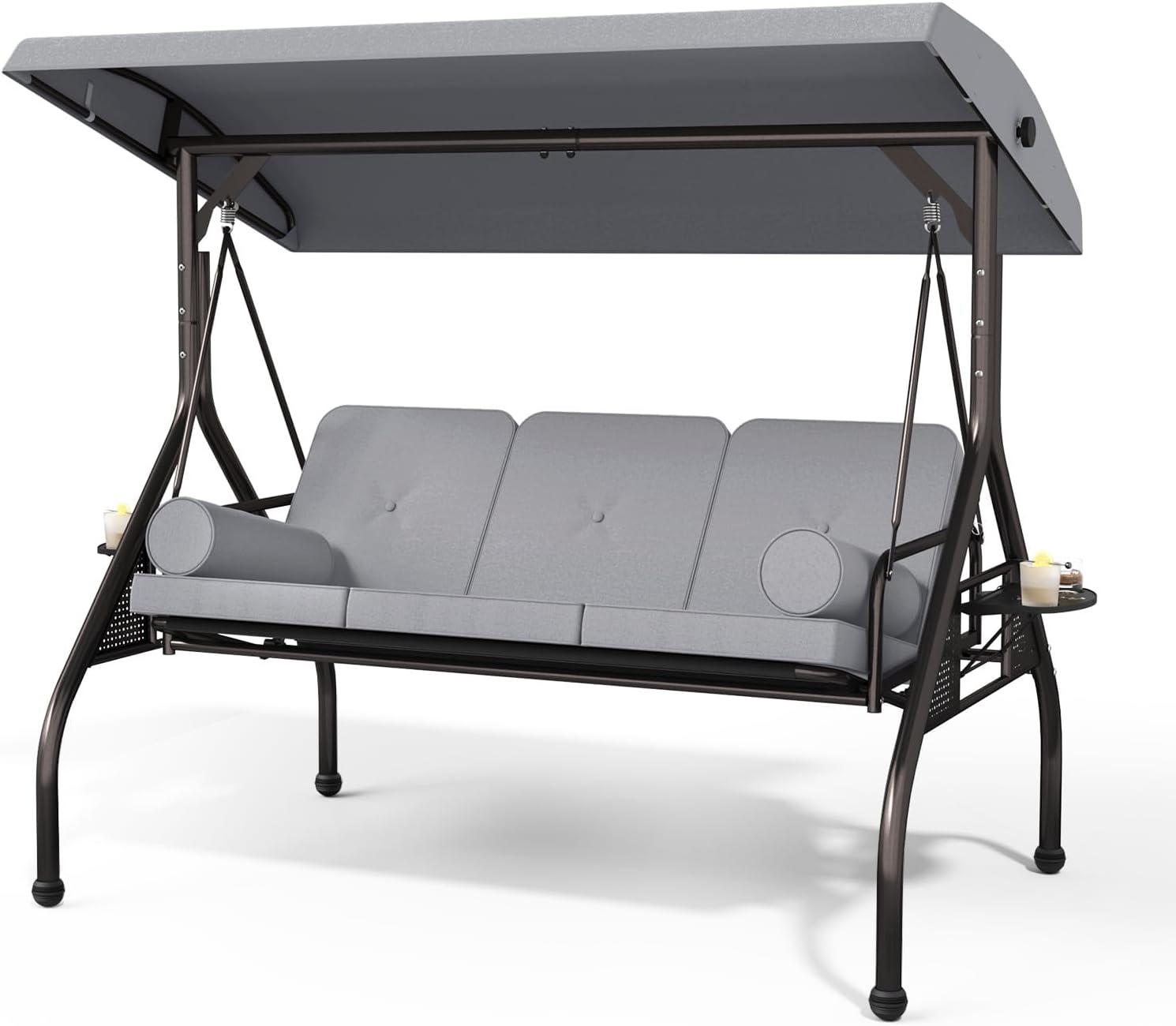 3 Seat Outdoor Porch Swing Chair, Adjustable Canopy Swing Bench, Convertible Backrest Swing Bed with Thicken Cushions, Pillow & Cup Hold (Grey), Gray