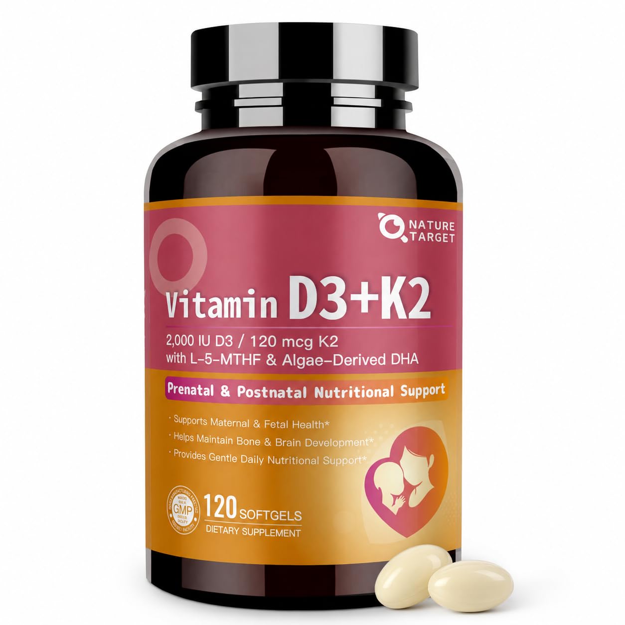 NATURE TARGET Vitamin D3 K2 with Folate & DHA, 120 Softgels 120 Count (Pack of 1)