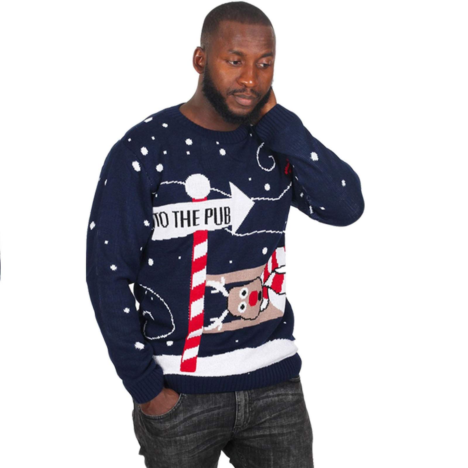 GOSTYLES Unisex “to The Pub” Christmas Jumper, Funny Reindeer Xmas Sweater for Men & Women, Festive Novelty Knitwear for Holiday Parties, Ugly Christmas Jumper (Navy, XL)