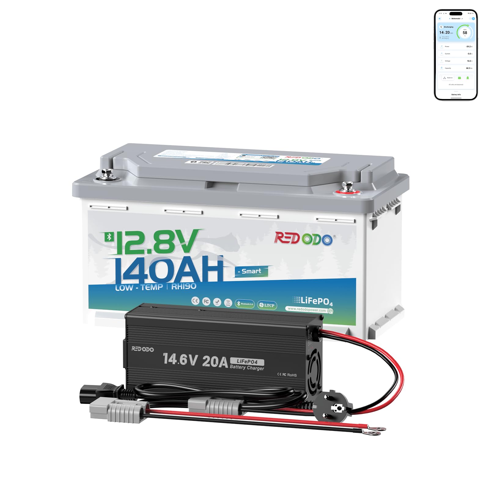 Redodo Bluetooth 12V 140Ah H190 Batería Litio+Cargador 12V 20A Batería LiFePO4 Duración 10 Años BMS 150A Monitorización en Tiempo Real para Autocaravanas Embarcaciones Barcos Instalaciones Solares