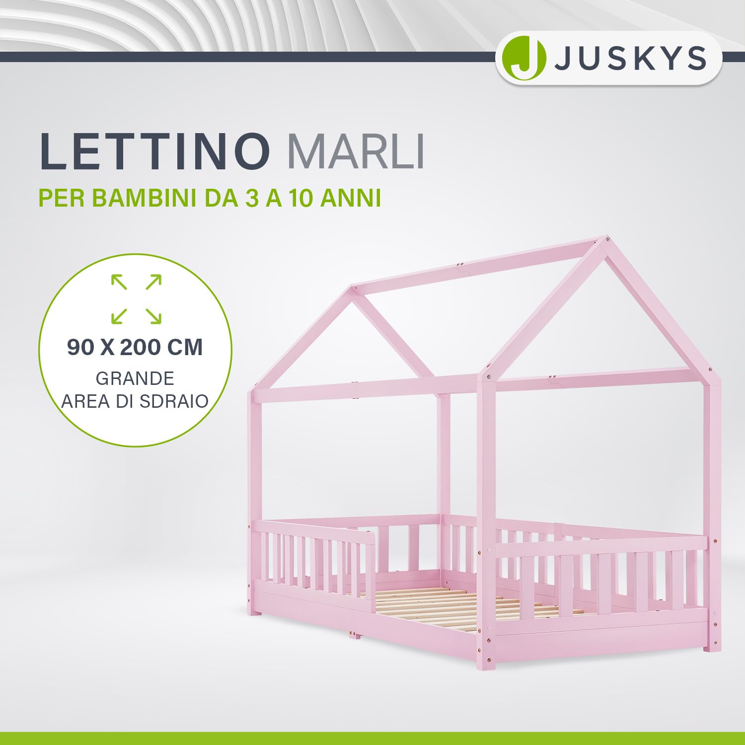 Juskys letto per bambini Marli 90 x 200 cm con barriera anticaduta, rete a doghe e tetto - Letto casetta in legno massiccio per bambini - Colore Rosa