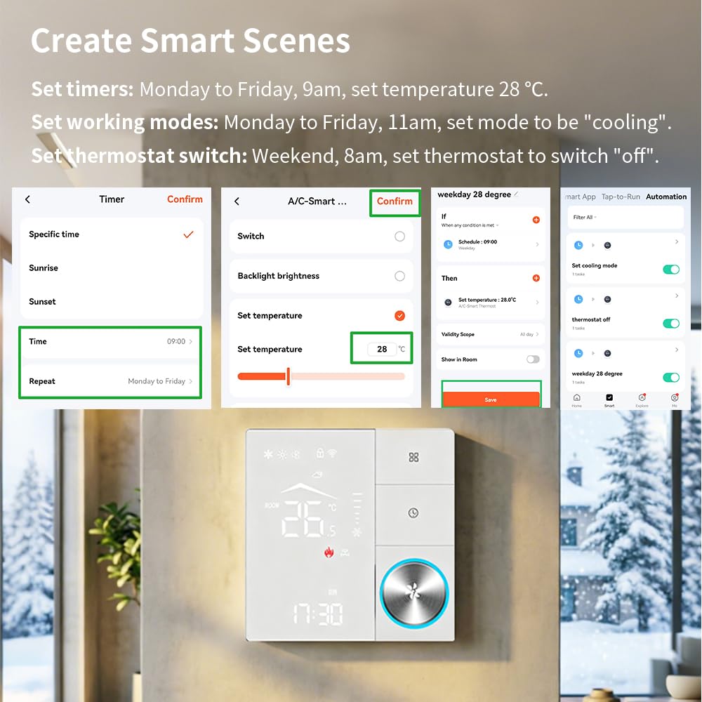 Termostato WiFi para Fancoil Ventilconvector Aire Acondicionado, 2 Tubos 3 Velocidades Ventilador, Termostato Inteligente Tuya Refrigeración Calefacción, Compatible Alexa Smart Life