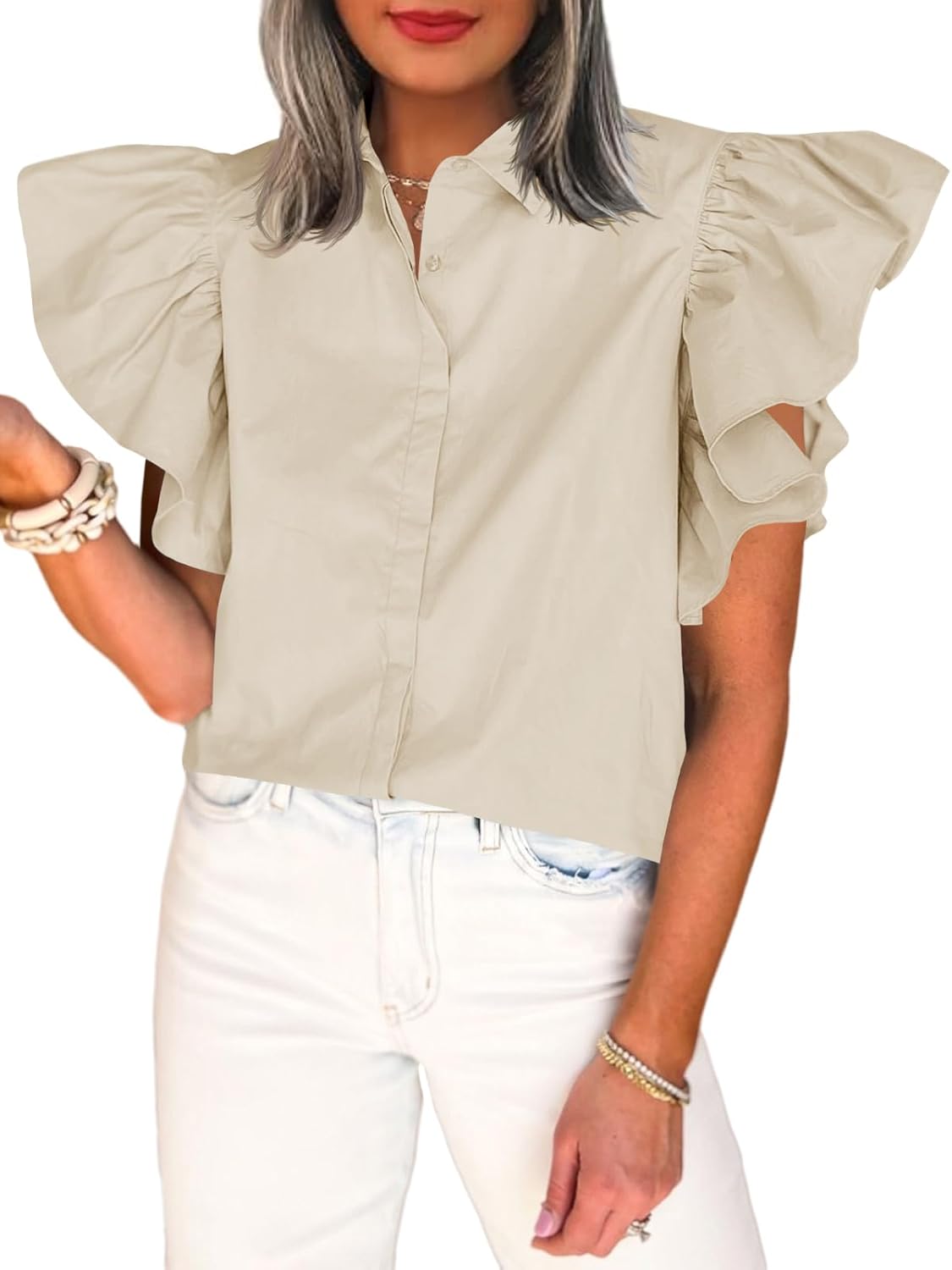 Tankaneo Womens Ruffle Button Down Shirts Cute Summer Short Sleeve Tops Blouse - Image 2