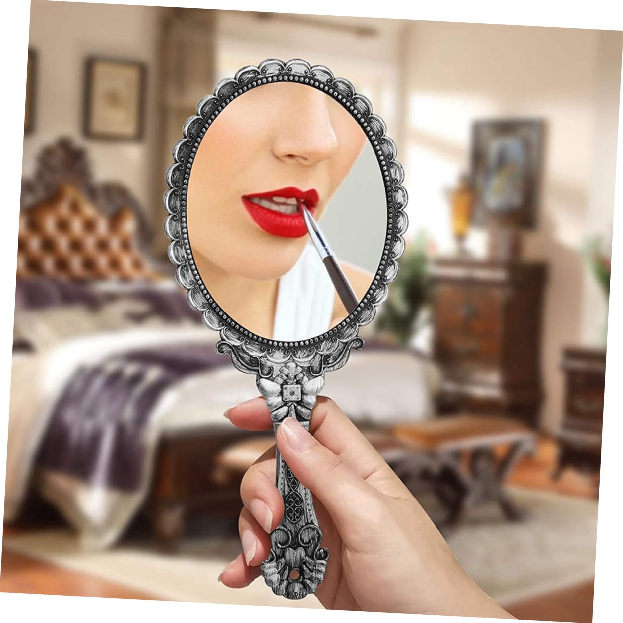 Espejo Resistente y Elegante Mujer para Maquillaje Vintage de Mano Material Abs y Vidrio Mango Cómodo para Uso en Casa y Viajes