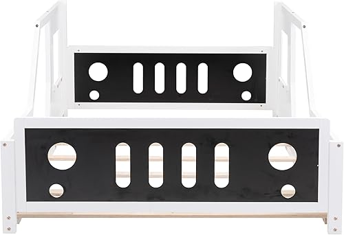 Miniatura 7 de JIVOIT Cama de plataforma clásica en forma de automóvil con ruedas, cama de automóvil de tamaño matrimonial con soporte de listones de madera, base