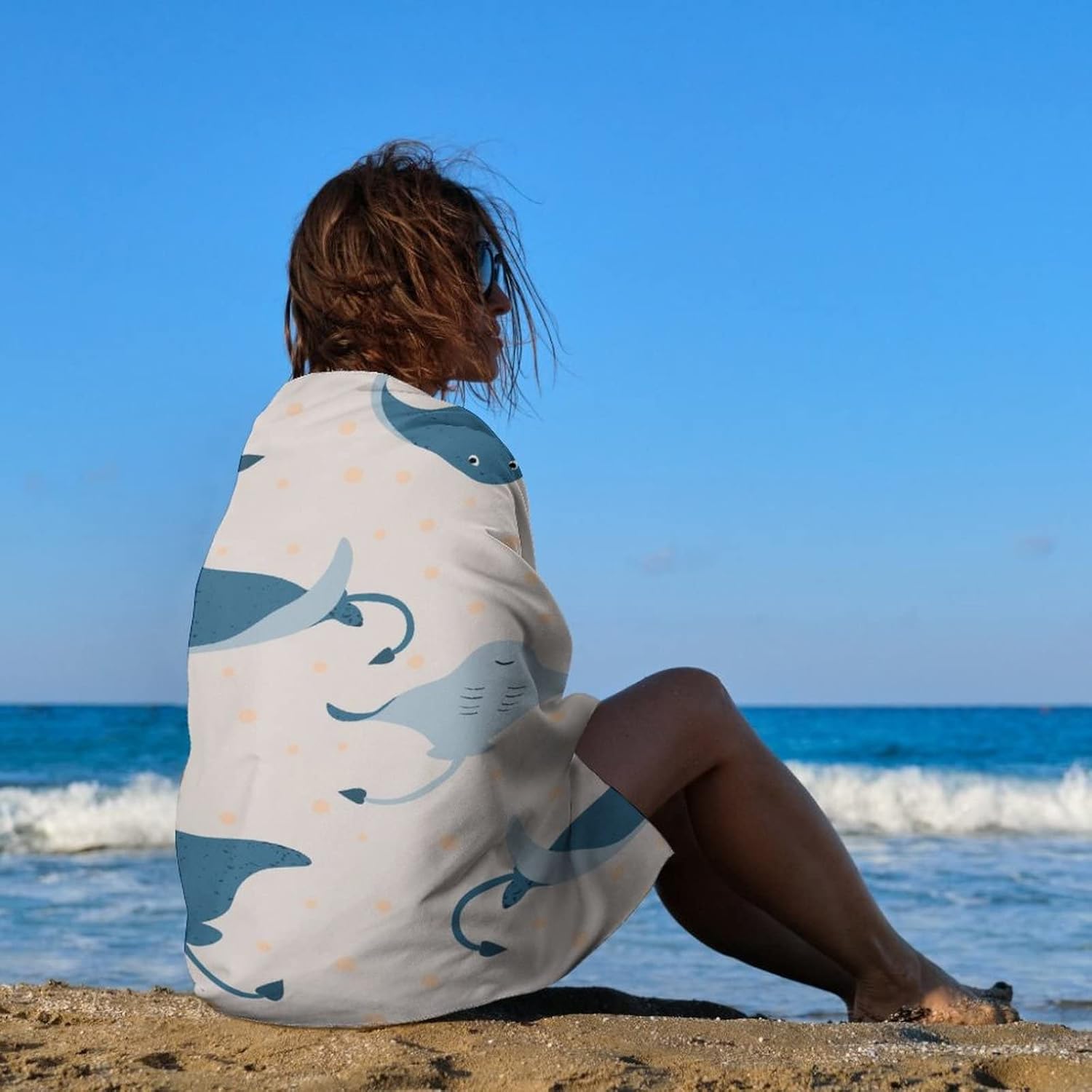 Sea Life Stingray Fish Large Beach Towel for Adults Quick Dry Super Absorbent Lightweight Towels for Pool Swimming Bath