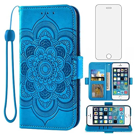 Compatible with iPhone 5S 5 SE 2016 5SE Wallet Case and Tempered Glass Screen Protector Flip Cover Card Holder Cell Phone Cases for iPhone5 iPhone5s iPhoneSE iPhone6se i 6SE iPhone5se Women Men Blue