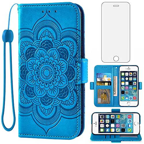 Compatible with iPhone 5S 5 SE 2016 5SE Wallet Case and Tempered Glass Screen Protector Flip Cover Card Holder Cell Phone Cases for iPhone5 iPhone5s iPhoneSE iPhone6se i 6SE iPhone5se Women Men Blue