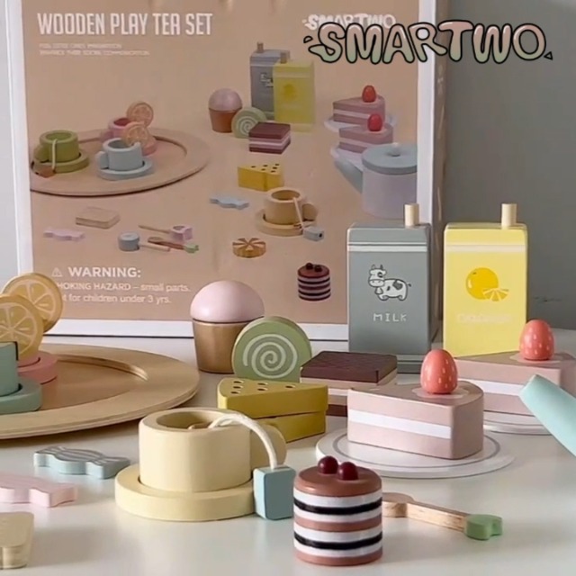 HERSITY Juego De Té De Madera Con Pastelero - Tetera, Tazas Y Postres Para Juego De Roles Infantil A Partir De 3 Años