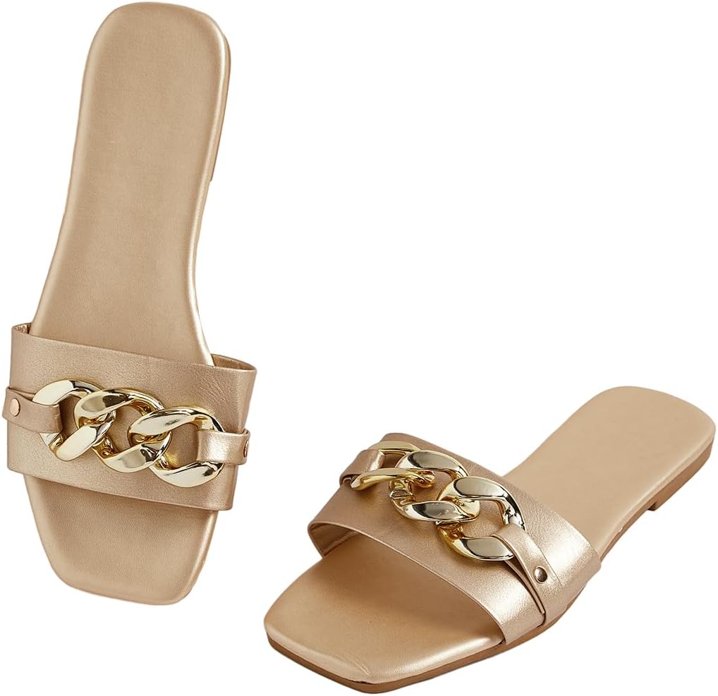 GORGLITTER Women’s Metallic Flat Sandals Open Toe Single Band Slide Sandals