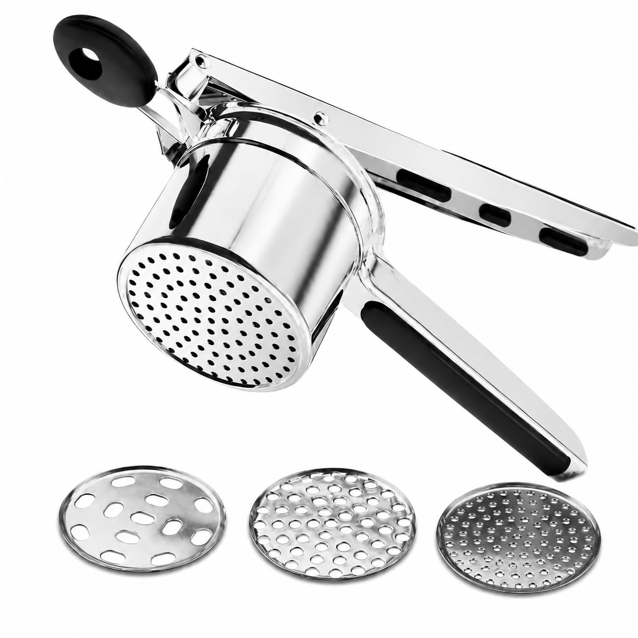 Potato Ricer Masher, Heavy Duty Stainless Steel Potato Press with 3 Interchangeable Discs, Long Handles, Dishwasher Safe for Smooth Mashed Potatoes, Vegetables and Purées