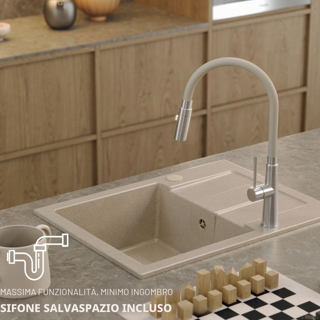 QUADRON Lavello Beige | dimensioni 60 x 45 x 18,5 cm | lavello in granito CHRISTIAN 111 lavello da cucina monovasca | con sifone e scolapiatti manuale | lavello da incasso a 1 vasca