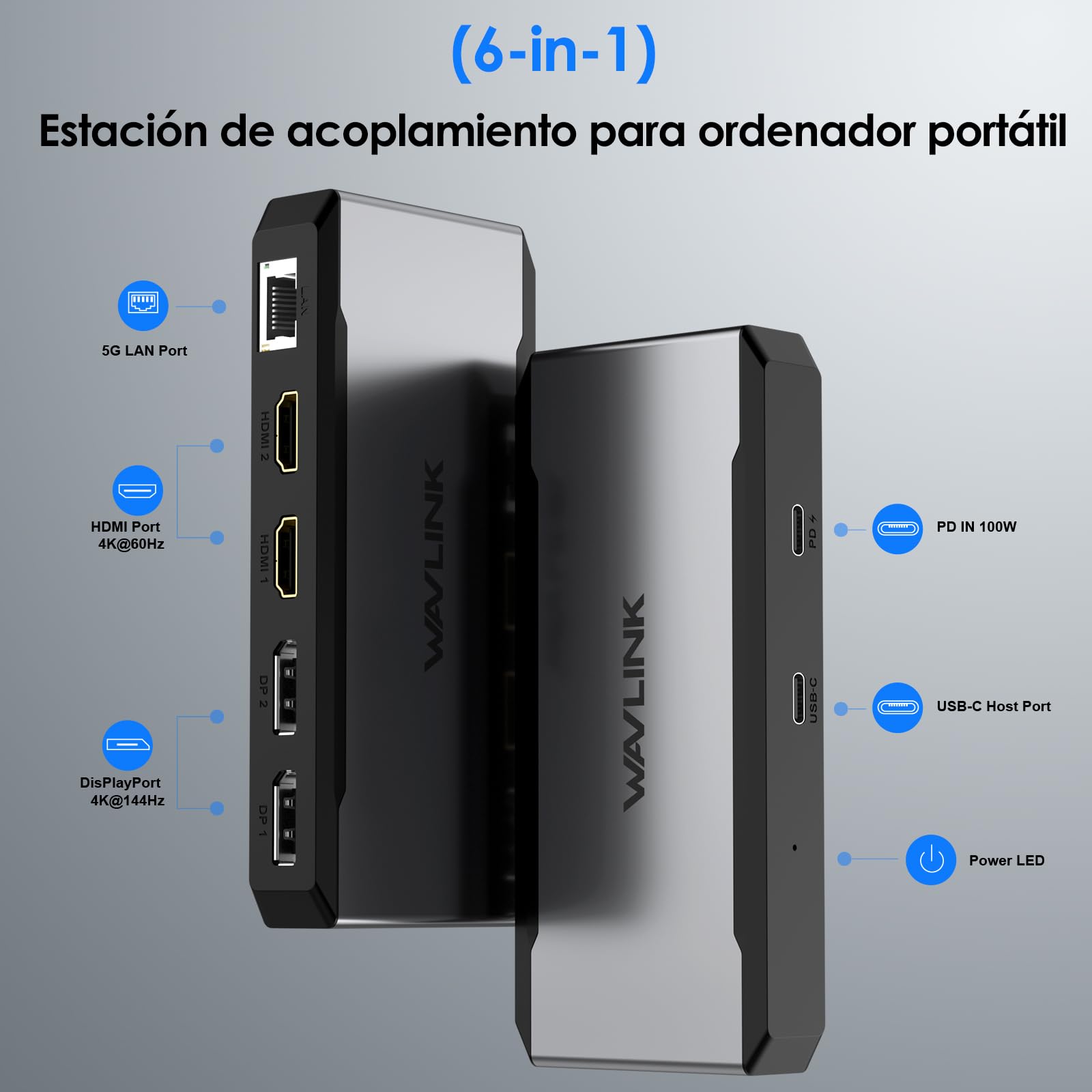 WAVLINK Estación de Acoplamiento USB C, Base para 4 monitores con Doble DP, Doble HDMI, Entrada PD de 100 W, Ethernet 5G, Solo para Sistemas Windows: se Requiere un Host USB 3.2