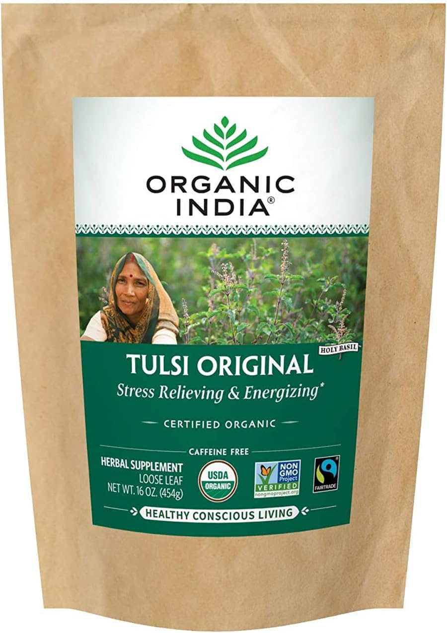 Organic India Tulsi Original Loose Leaf Herbal Tea - Immune Support, Vegan, Gluten-Free, Kosher, USDA Certified Organic, Non-GMO, Caffeine-Free, Healthy Stress-Relief & Uplift Mood - 1 lb Bag