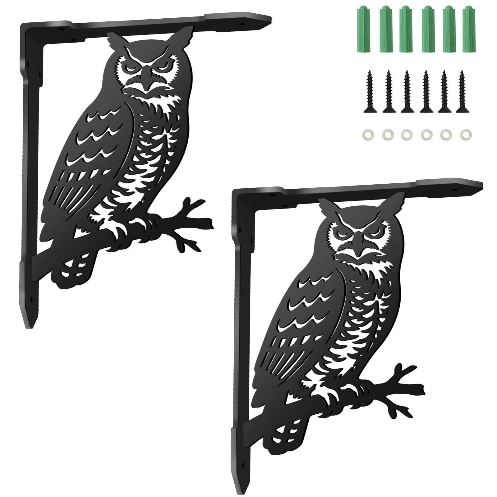 SUPERDANT 2pcs Owl Shelf Brackets 21x17cm Black Iron L Bracket Heavy Duty Decorative Wall Mount Metal Shelf Support for Balcony Kitchen Office Bedroom Bookshelf Garden — image 1