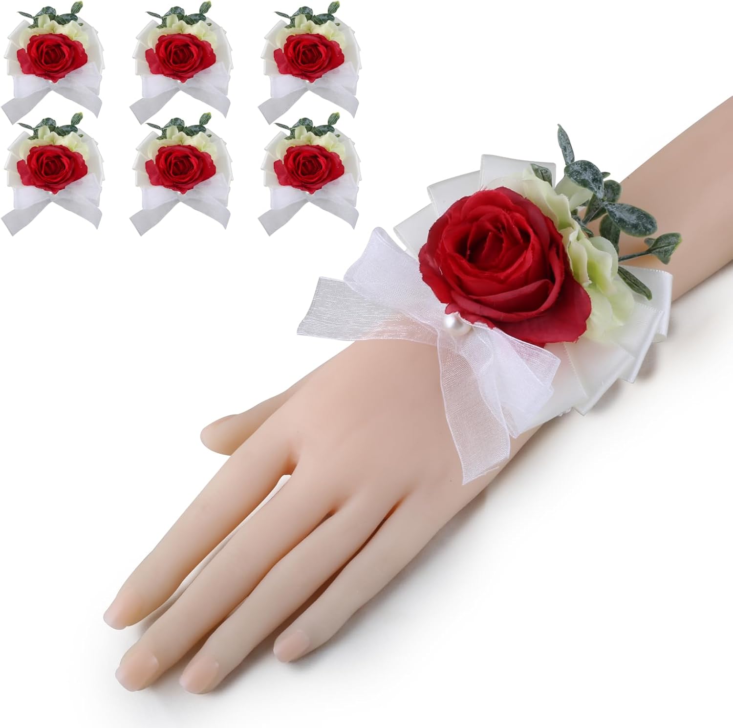 A Set of Six Imitation Rose Wrist Corsages Wristlet Band,Suitable for Wedding Ceremony,Anniversary,Formal Dinner and Wedding Party,Used to Decorate Suits. (RED)