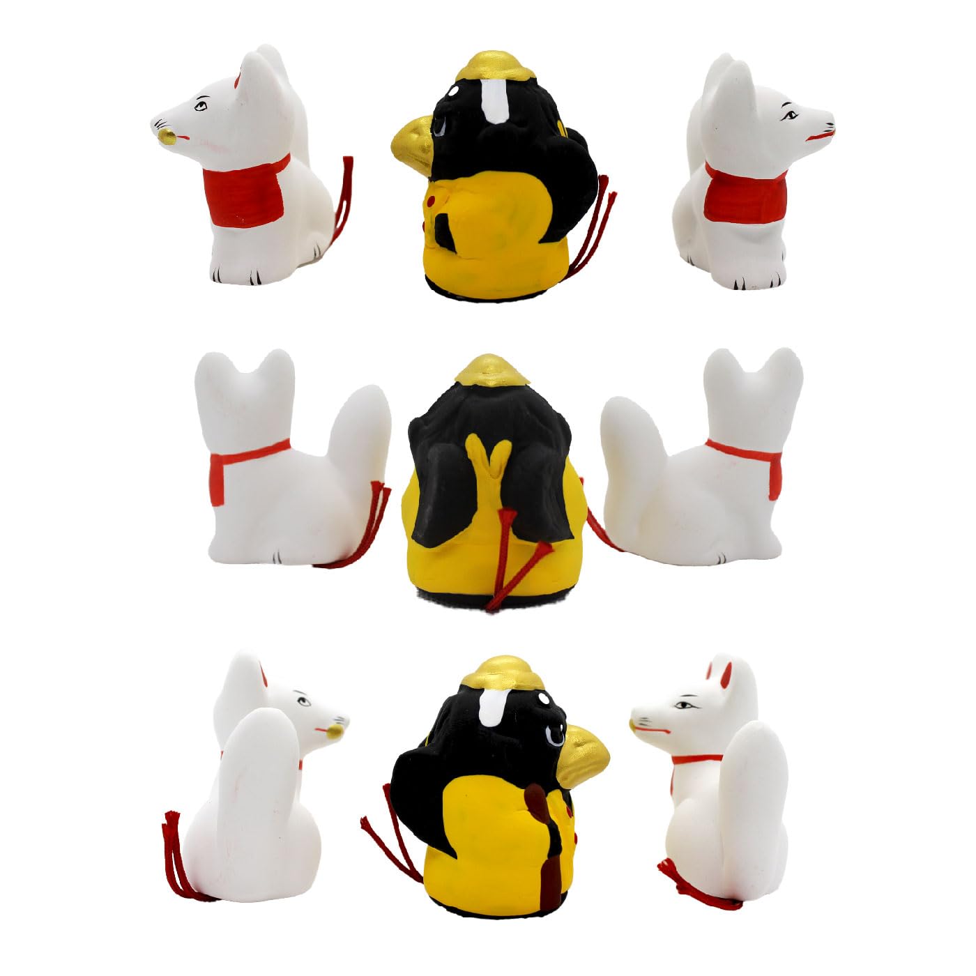 Figura de cerámica tradicional japonesa, decoración de muñeca para la buena suerte (Yokai 2 zorros, 1 cuervo)