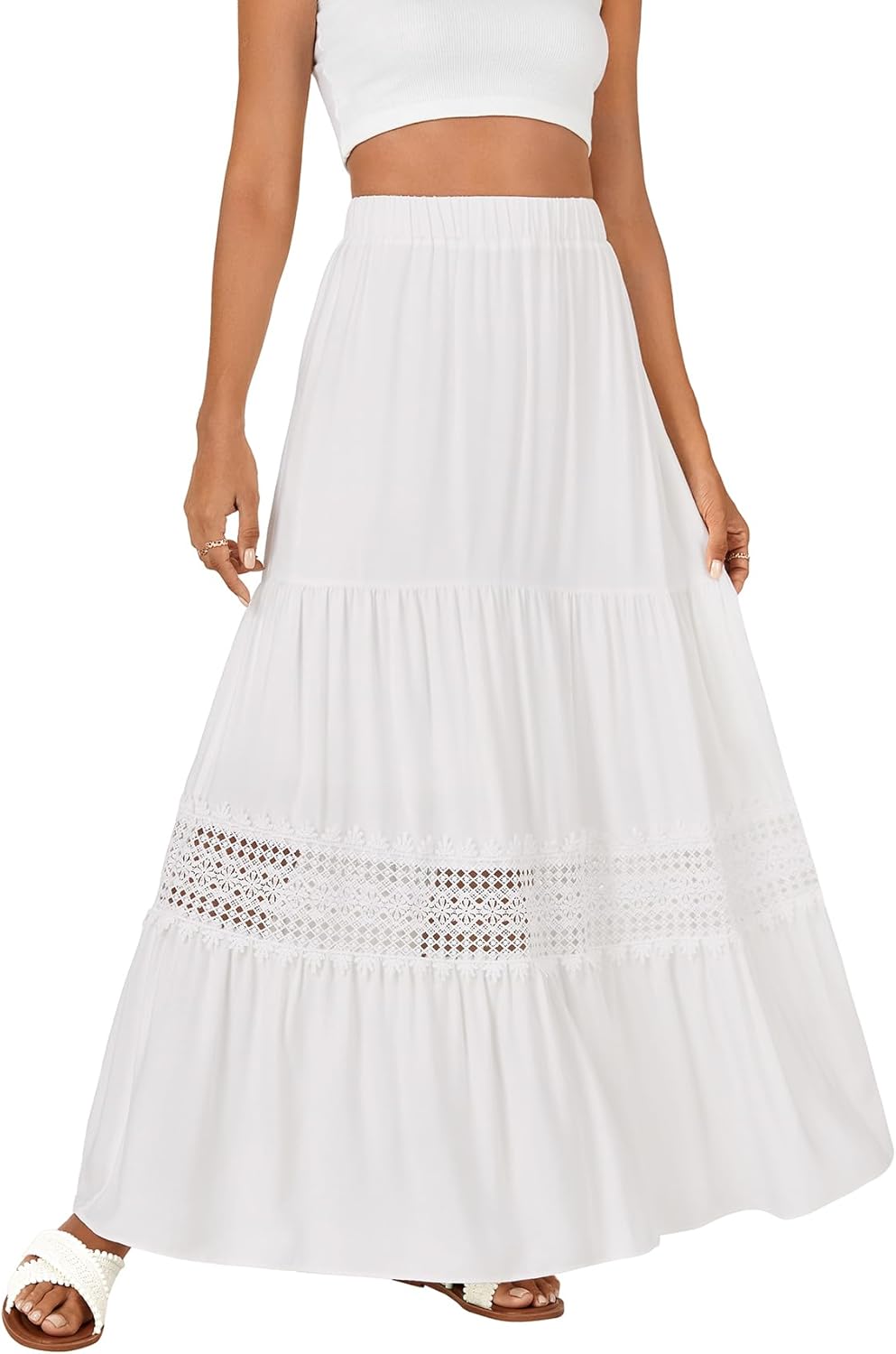 LYANER Women's Ruffle Tiered Long Skirt Elastic High Waist Pleated Lace Trim A-line Boho Maxi Skirts - Image 4