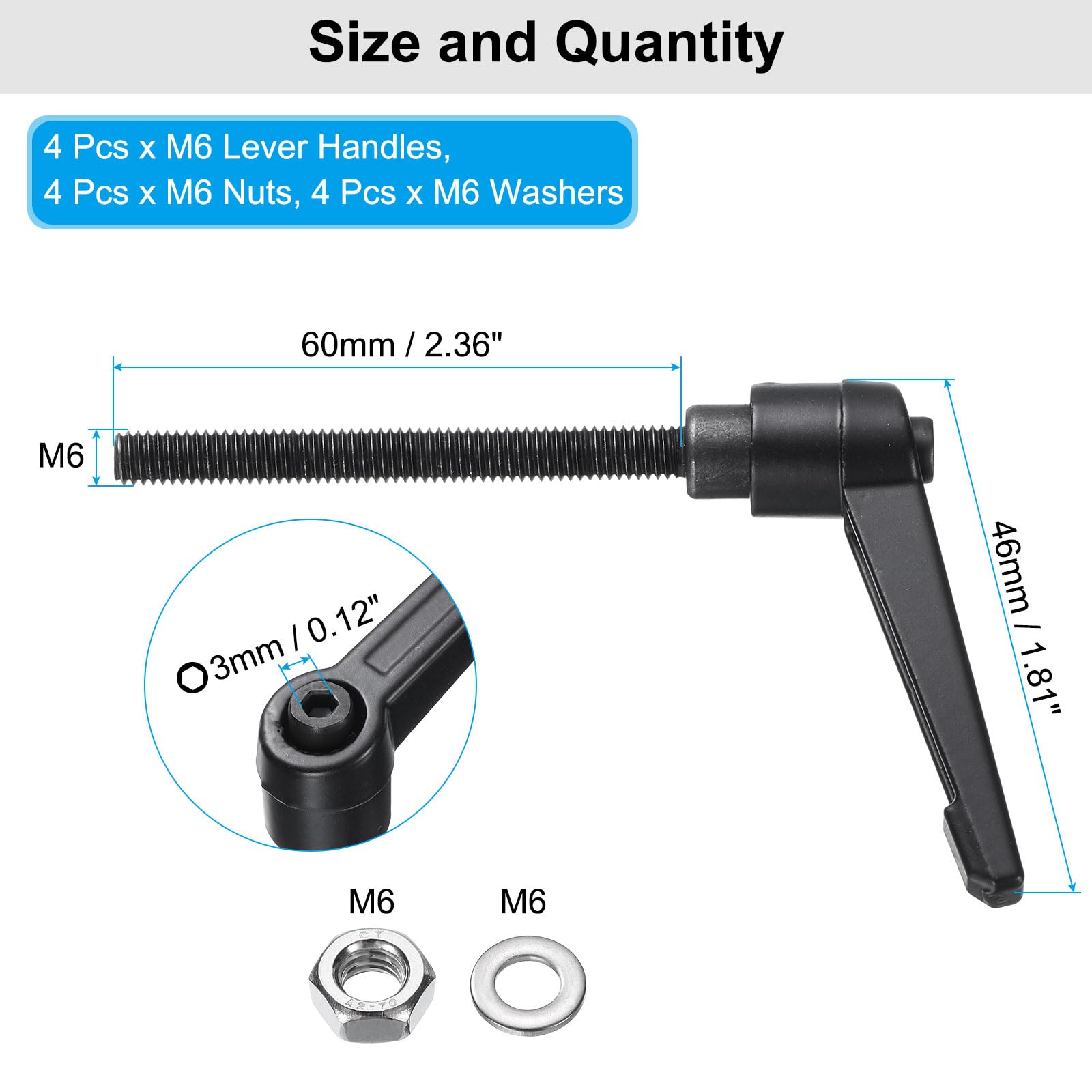 QUARKZMAN 4 manopole regolabili a leva M6 x 60 mm, filettatura metrica con dadi, rondelle di livello, set di manopole rotanti, bulloni con leva di bloccaggio