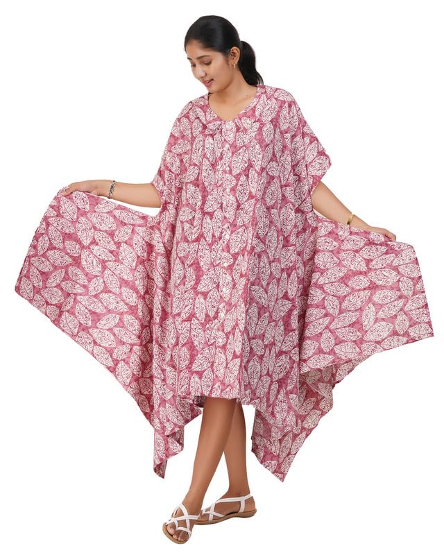 Image of MENMAII Women's Cotton Designer Dress|Fits up to 3XL| Front Open Button Down | Asymmetrical Hem | Chelsea Collar | Drop Shoulder | Flowy Loose Fit | Knee Length | Free Size [Pink Leaf]