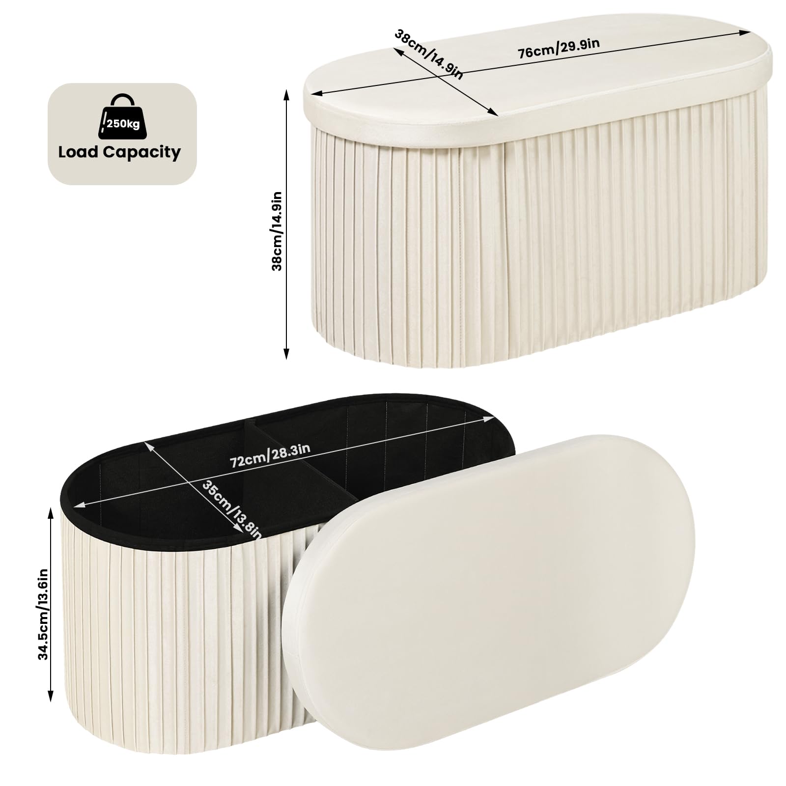 WOLTU Panca Contenitore, Cassapanca Contenitore Interno 76L, Poggiapiedi da Divano Pieghevole, Coperchio Rimovibile, per Soggiorno, Camera da Letto, 76x38x38cm, Crema
